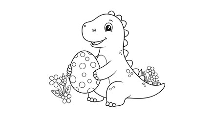 Cute Dinosaur with Egg and Flowers - Black and White Coloring Page