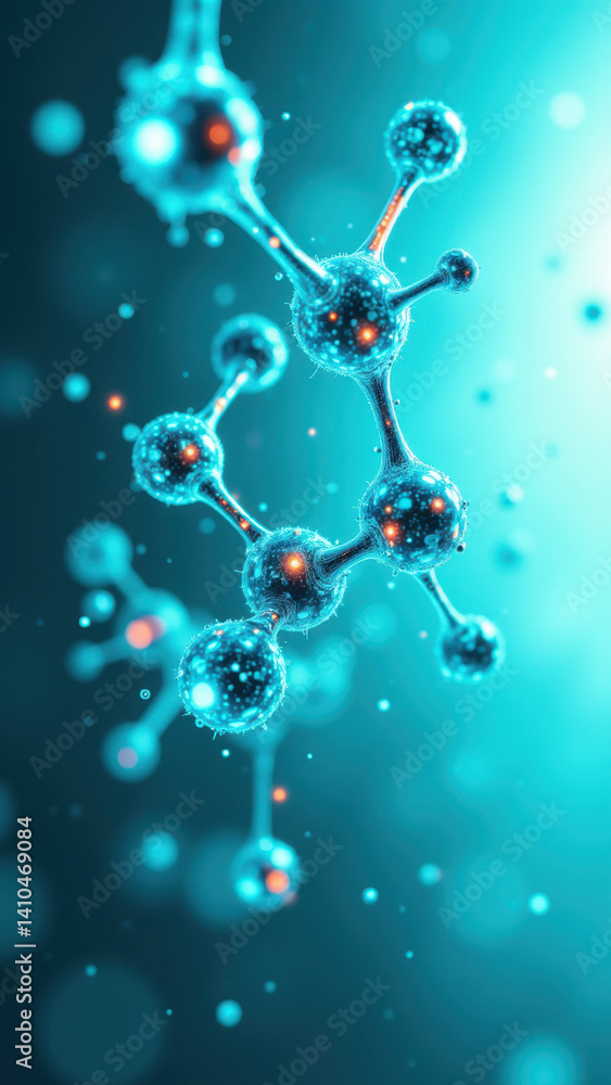 Poster illustration of a glucagon-like peptide-1 molecule with glowing spheres representing atoms and conne