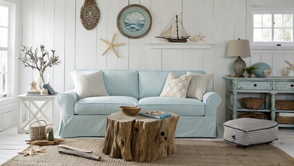 Coastal Living Room Decor Featuring Light Blue Sofa And Rustic Wood Coffee Table