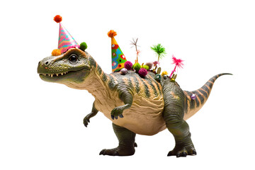 Festive dinosaur! T-Rex in party hat, decorated with colorful pom-poms and streamers, against a transparent background