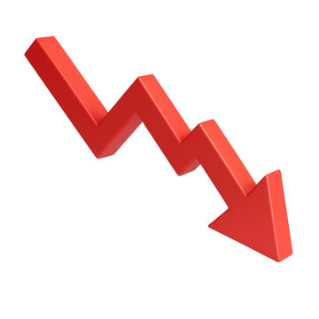 Red zigzag downward arrow symbolizing decline represents decrease in performance, sales, or statistics in a bold 3D graphic. Isolated on transparent background, png.