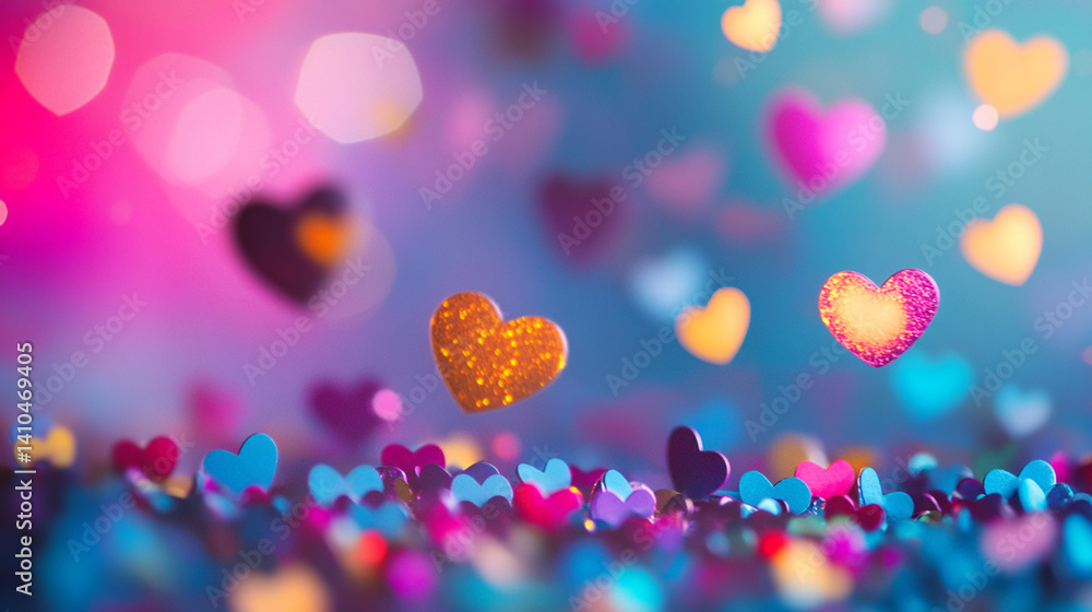 Poster colorful hearts floating in a vibrant bokeh background.