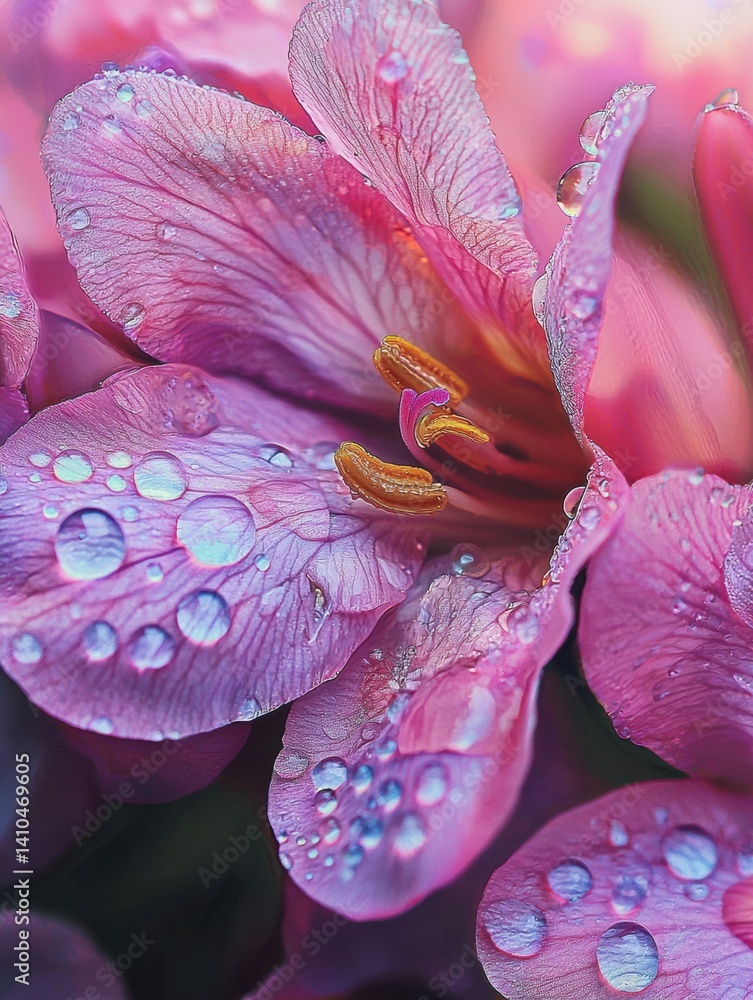 Poster close-up view of spring flowers adorned with raindrops sparkling in sunlight, showcasing vibrant col