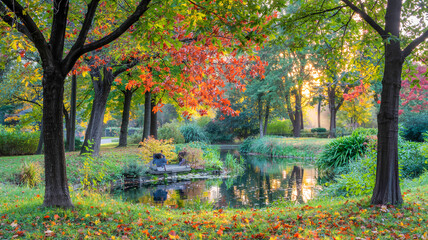 Vibrant autumn park glowing under crisp sunlight, adorned with fiery foliage, fallen leaves, and a tranquil pond reflecting the magic of the season