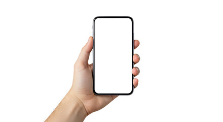 Hand Holding Smartphone with Blank Screen on White Background - Mockup