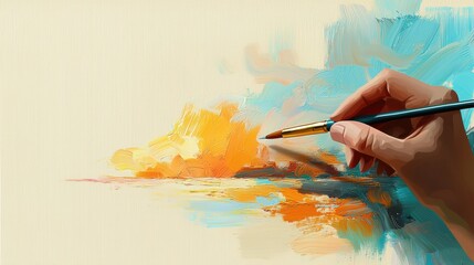 A close-up view reveals an artist's hand skillfully painting a vibrant sunset landscape sketch with a paintbrush, showcasing the process of artistic creation and the texture of the