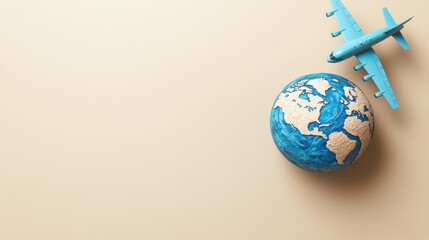 A small blue toy airplane rests gently atop a hand-painted globe representing global air travel and adventure, symbolizing worldwide journeys and exploration opportunities for
