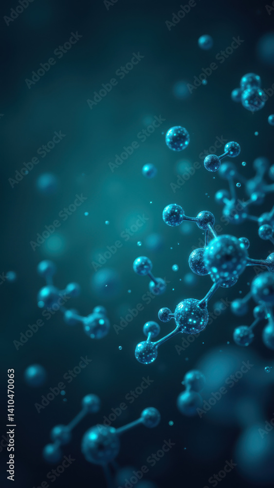Poster 3d rendering of a glp-1 molecule with surrounding water droplets.