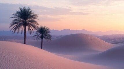 Two Palm Trees Stand Tall Over Desert Sand Dunes