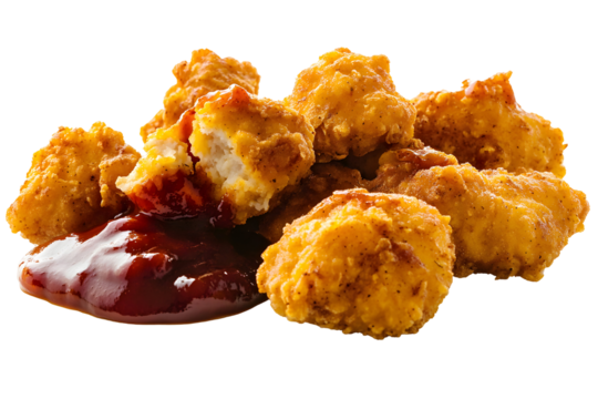 Crispy chicken bites with savory sauce. Golden and delicious, a tempting snack or meal. Perfect texture