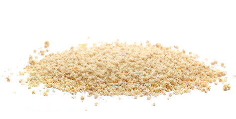 Pile walnut chopped, finely ground isolated on white background, side view