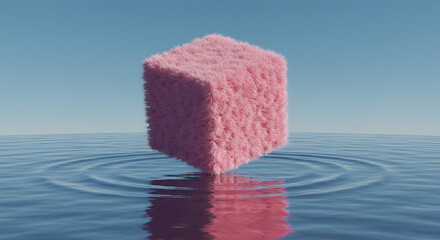 Pink Fuzzy Cube Floating on Water with Reflection - Surreal Art