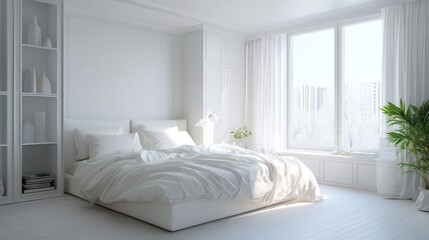 Serene white bedroom with a large bed, soft bedding, and plenty of natural light streaming in through sheer curtains. Minimalist design with white walls and a built-in shelf.