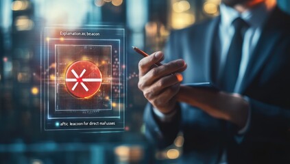 Man interacts with a futuristic transparent screen displaying a red circular symbol, likely representing data or a system