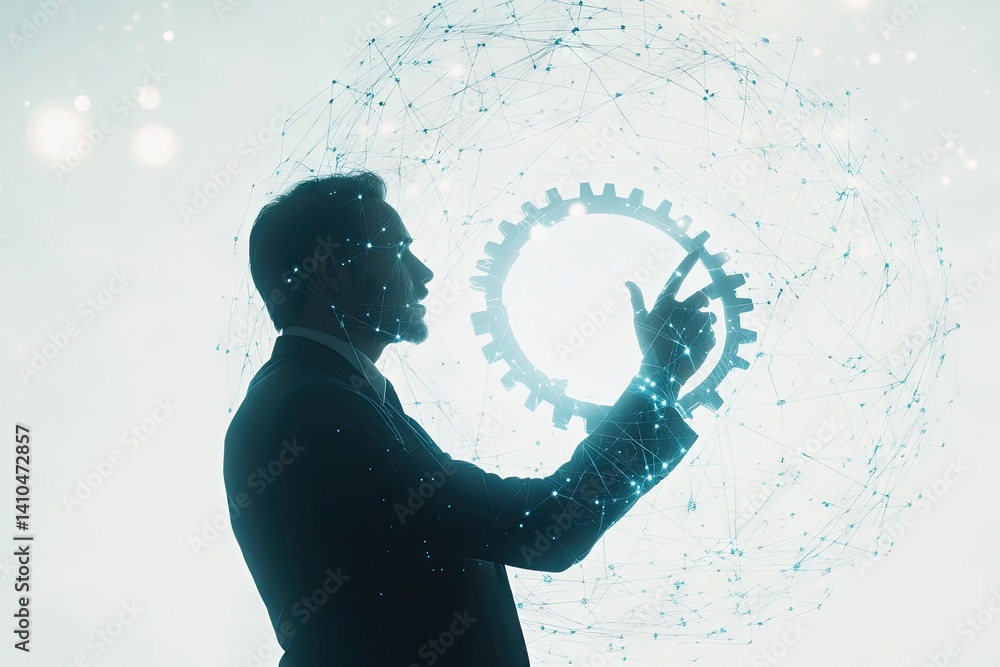 Poster a businessman interacts with a digital gear mechanism, representing technological advancement and in