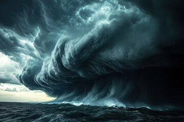 Large wave rolling over the ocean towards sandy beach with surfers in the background. Magnificent sunset paints the sky in vibrant hues.