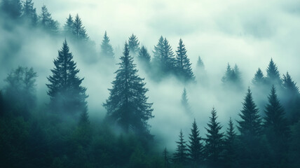 Fototapeta premium Misty Forest Landscape with Towering Fir Trees and Soft Fog Evoking Tranquility and Nostalgia (1)