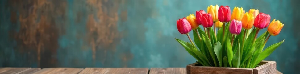 Obraz premium Vibrant tulips burst from rustic wooden planter , flowers, growth