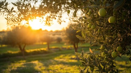 Olive tree orchard scene bathed in the warm golden sunlight