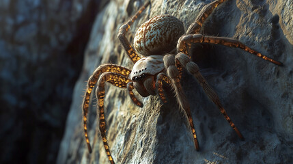 A striking spider with a glossy body, perched on a wall, high-definition details making each tiny .