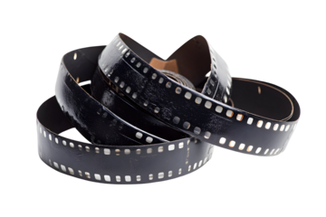 Curled, old film strip showing sprocket holes on transparent background. Vintage media and memories captured