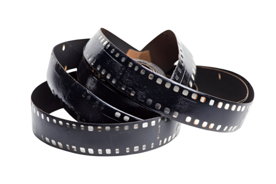 Curled, old film strip showing sprocket holes on transparent background. Vintage media and memories captured