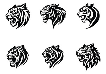 A tiger head logo and tattoo on a white background that is completely silhouetted. Wild animal.
