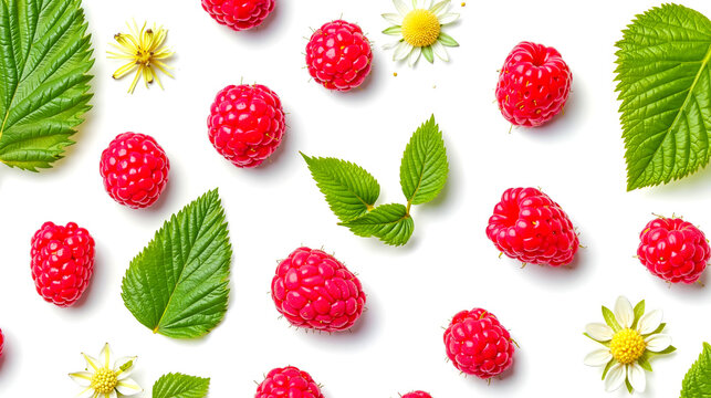 A bunch of raspberries and leaves on a white surface