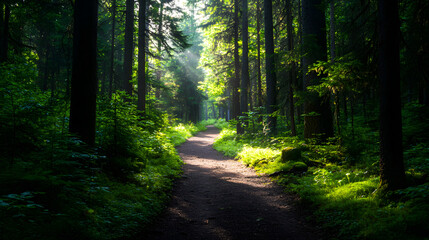 A vibrant hiking path through a dense forest, with dappled sunlight creating a beautiful play of light and shadow on the ground.
