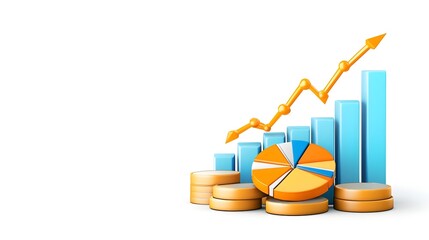 A colorful financial illustration featuring a rising graph, pie chart, and stacks of coins, representing growth and investment.