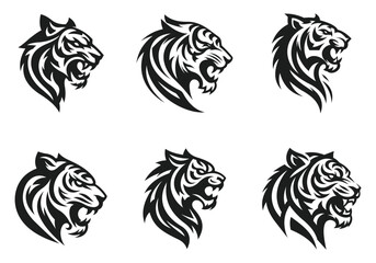 A tiger head logo and tattoo on a white background that is completely silhouetted. Wild animal.