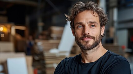 Fototapeta premium Operations Manager Portrait in a Manufacturing Facility Setting, Featuring an Engaged Leader Amidst Production Activities and Workers