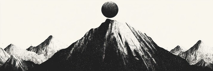 Black and white mountainous landscape with a single circular shape