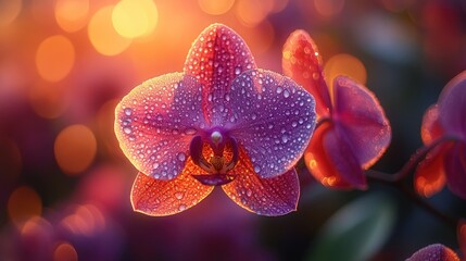 Plakat Vibrant pink orchid with dew drops against a soft bokeh sunset background