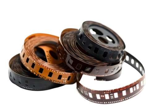 Rolled vintage film strips with frames in a pile, showcasing old photography technology, on a transparent background