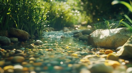 Obraz premium A peaceful stream gently flowing through a beautiful green landscape