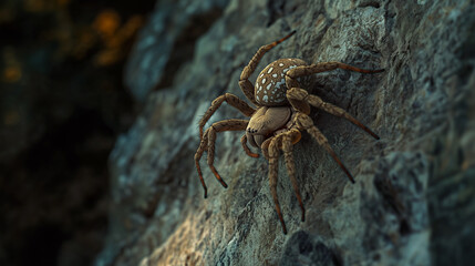 A striking spider with a glossy body, perched on a wall, high-definition details making each tiny .
