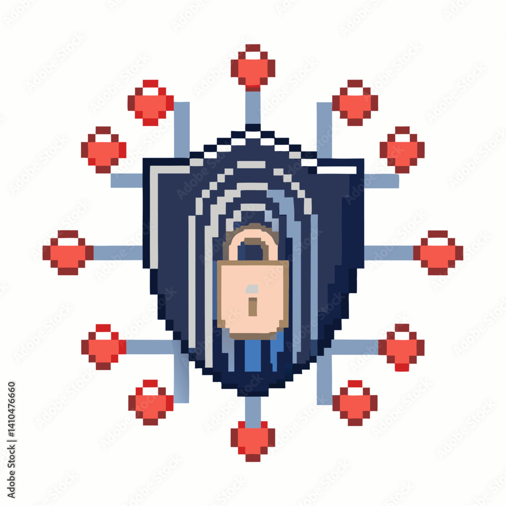 Poster pixel art cybersecurity shield with network nodes and lock symbol
