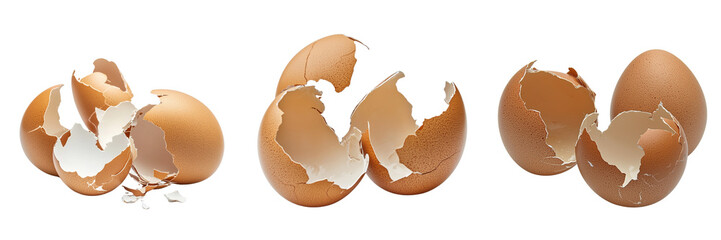 Set of High-angle view of a cracked egg with the shell in two halves and egg whites spilling out onto a clean white surface on transparent png background. Ai generated