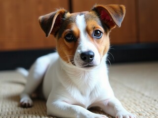 Small brown and white dog is laying on a rug. The dog has a curious look on its face
