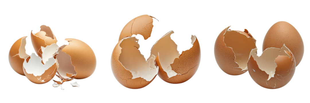 Set of High-angle view of a cracked egg with the shell in two halves and egg whites spilling out onto a clean white surface on transparent png background. Ai generated