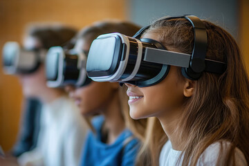 girls wearing virtual glasses in a vibrant gaming arcade, smiling with excitement as they interact with virtual reality technology.