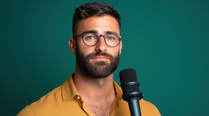 Young man with beard and glasses holding a microphone, poised for a speech or performance in a vibrant green background.