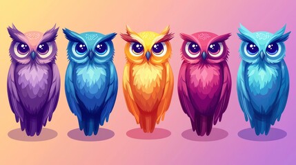 Colorful cartoon owls, side view, gradient background. Stock photo for children's book, educational material, or greeting cards