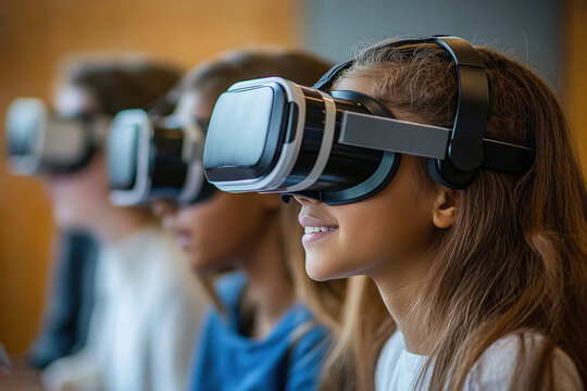 girls wearing virtual glasses in a vibrant gaming arcade, smiling with excitement as they interact with virtual reality technology.