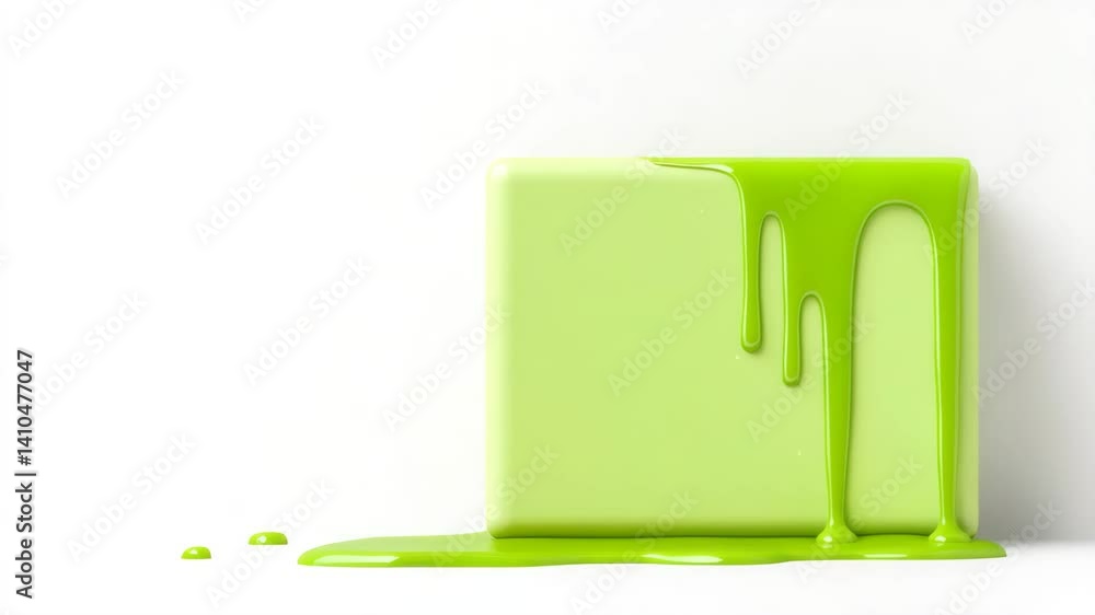 Poster bright green paint dripping from rectangular block on white background