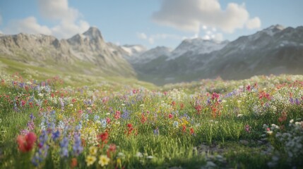 A vibrant colorful field of wildflowers with distant mountains