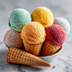 Assorted Colorful Ice Cream Scoops in Cones Stacked in a White Bowl on Marble Surface Still Life with a Crisp Wafer Cone on the Side in Studio Shot