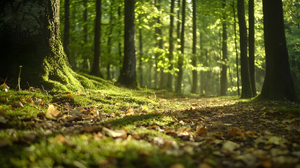 Obraz premium Forest Path Sunlight Moss Leaves