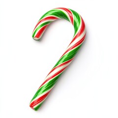 Red and green striped candy cane isolated on white